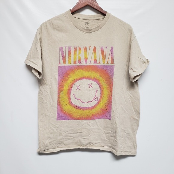 Nirvana Smiley Face Band Promo‎ Tee Medium Shirt Rock Music Grunge Beige Large - Picture 1 of 5